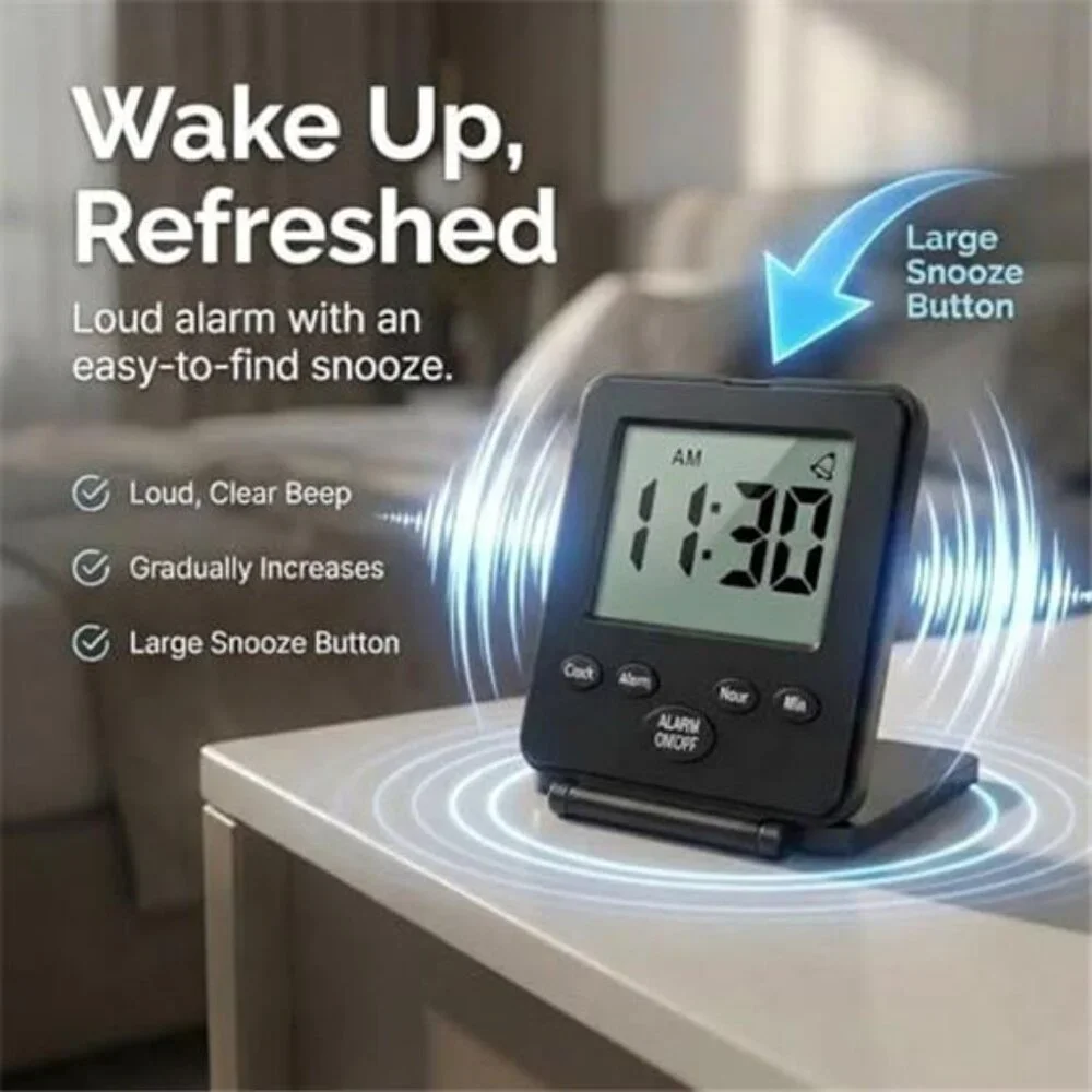 Digital Travel Alarm Clock Loud Easy to Use Small Battery Powered Black Clock